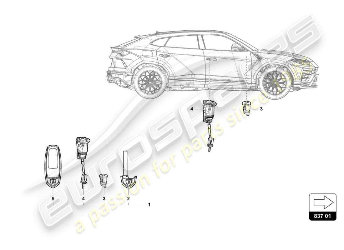 lamborghini urus (2020) llave principal con transpondedor (punta plegable) esquema de piezas