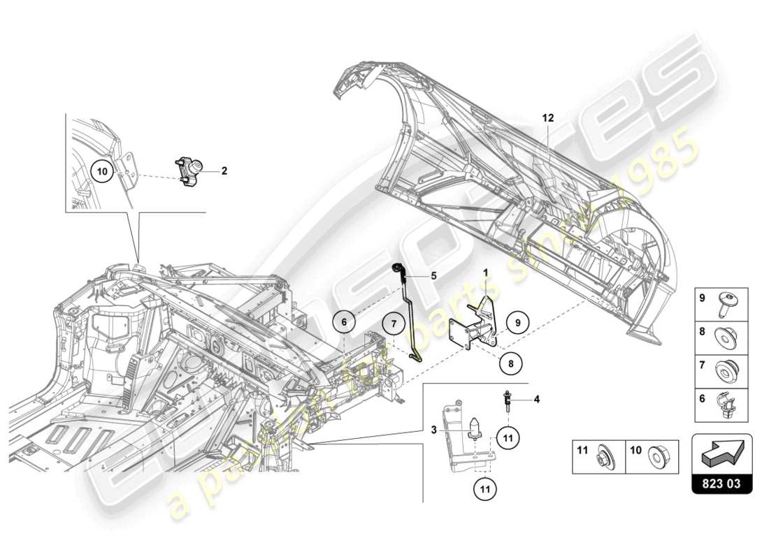 lamborghini sto (2022) bisagra del capó delantero diagrama de piezas