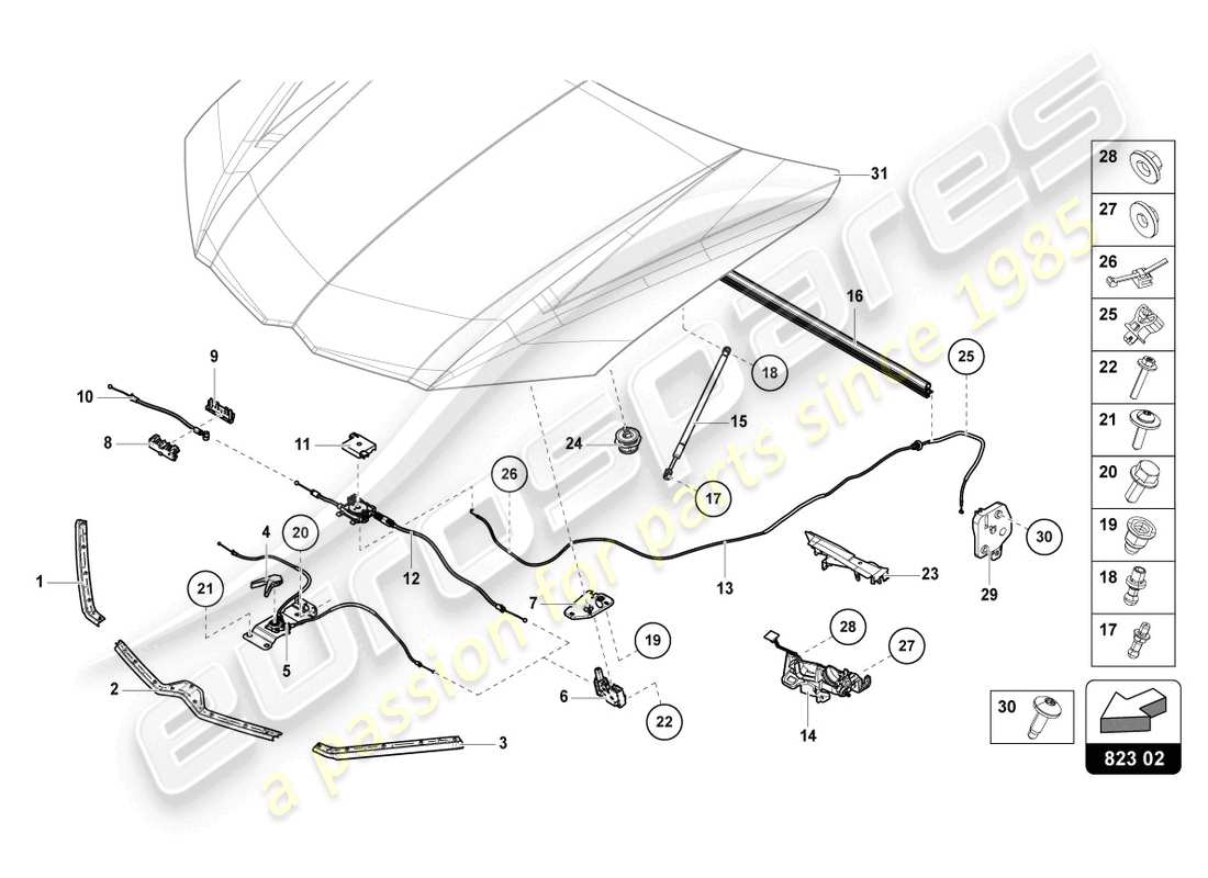 lamborghini urus (2021) junta para cubierta de motor diagrama de piezas