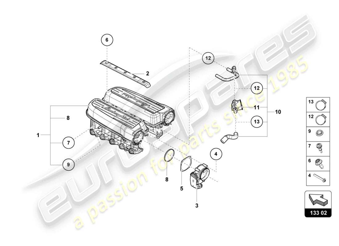 lamborghini evo spyder 2wd (2021) colector de admisión diagrama de piezas