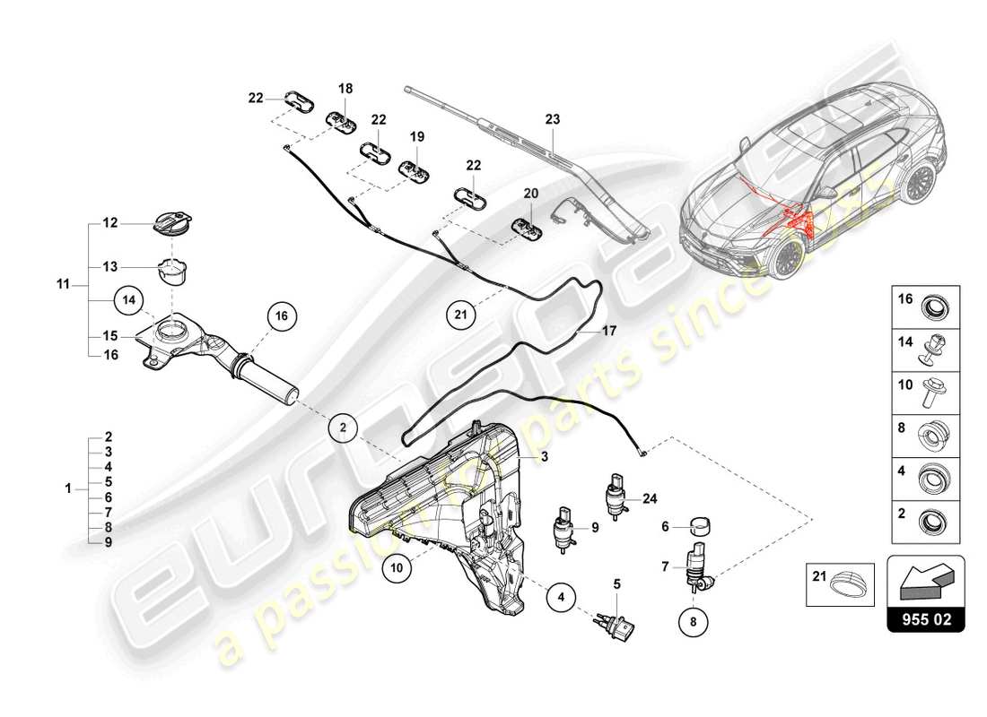 lamborghini urus (2021) diagrama de piezas del sistema arandela