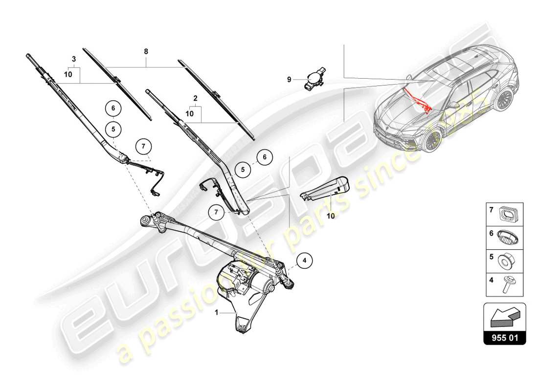 lamborghini urus (2020) diagrama de piezas del limpiaparabrisas