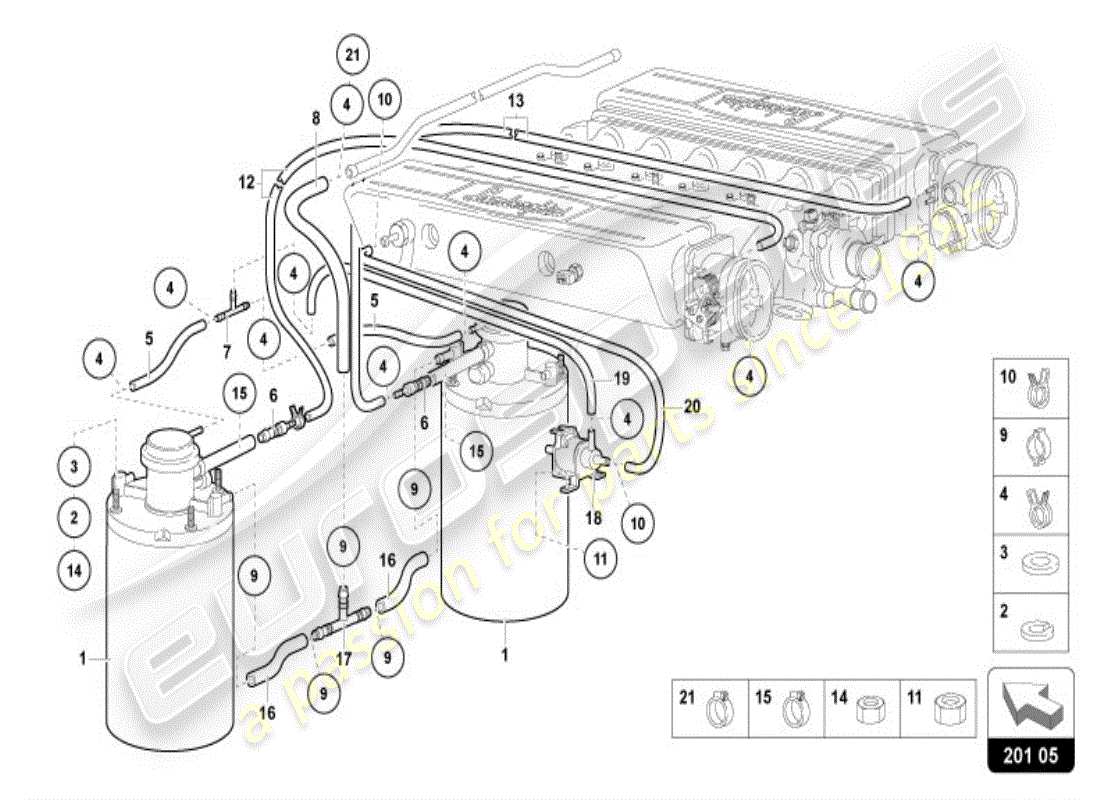lamborghini diablo vt (1995) sistema de filtro de carbón activado diagrama de piezas