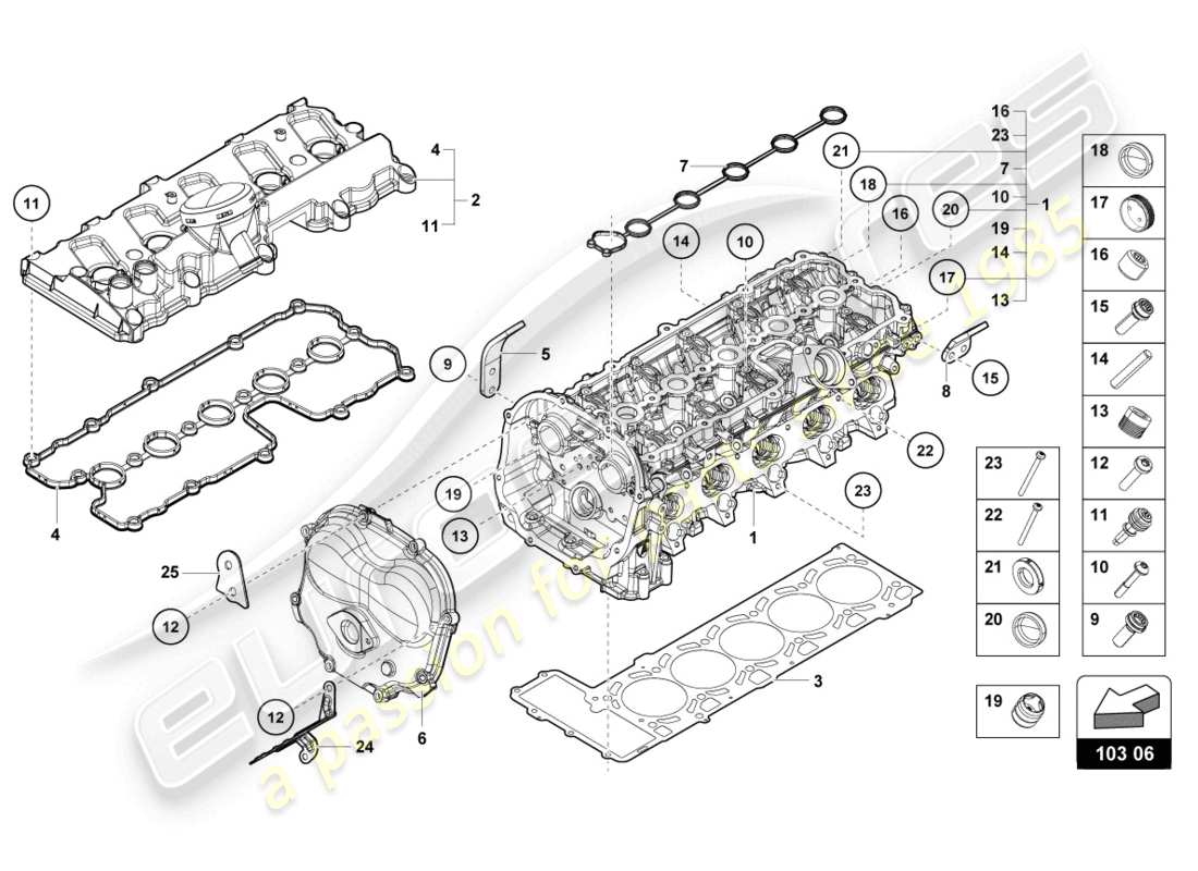 lamborghini evo coupe (2023) diagrama de pieza culata completa izquierda