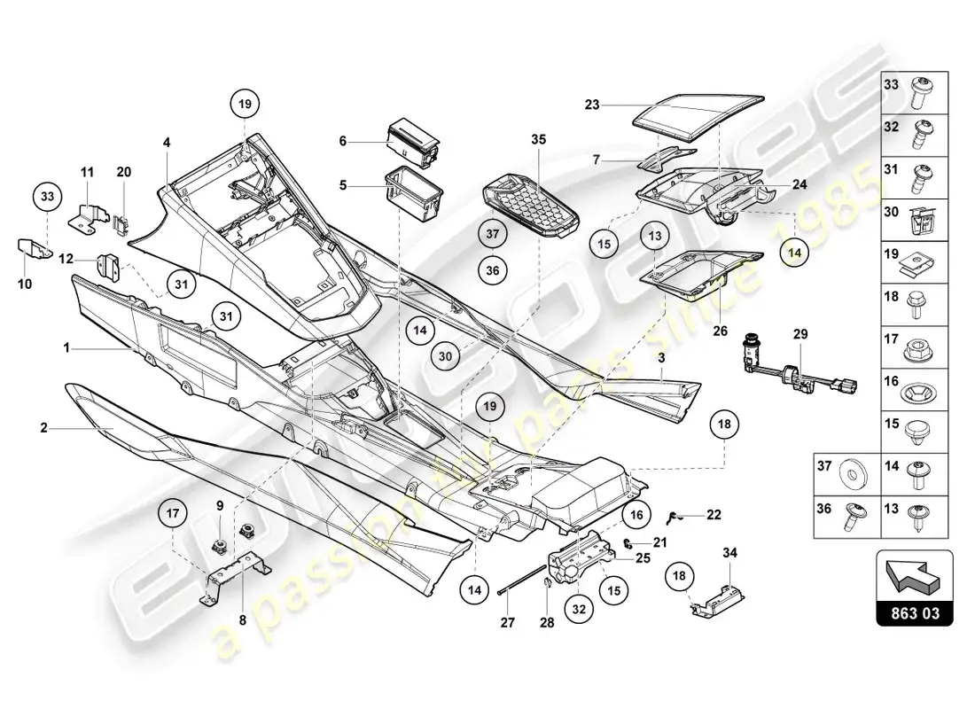 lamborghini lp700-4 roadster (2017) túnel trasero diagrama de piezas