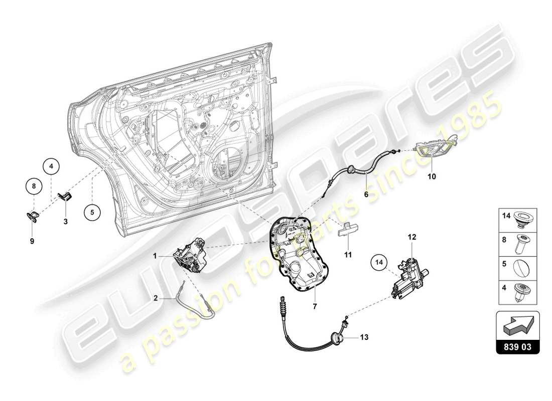 lamborghini urus (2022) diagrama de pieza de la cerradura de la puerta trasera