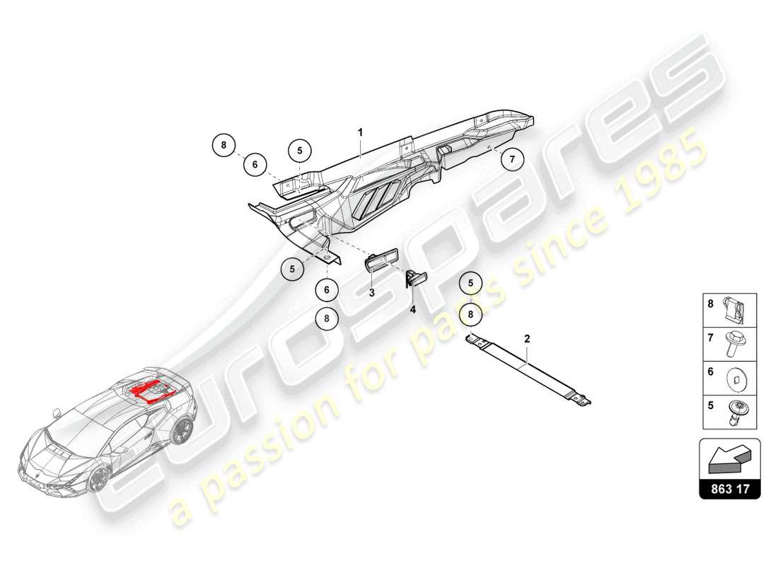 lamborghini tecnica (2024) diagrama de piezas de la cubierta del motor
