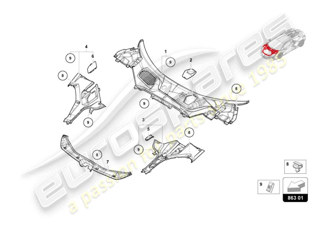 lamborghini revuelto coupe (2024) tapa para maletero diagrama de piezas