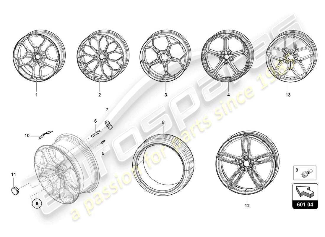 lamborghini evo spyder (2023) ruedas/neumáticos trasero diagrama de piezas