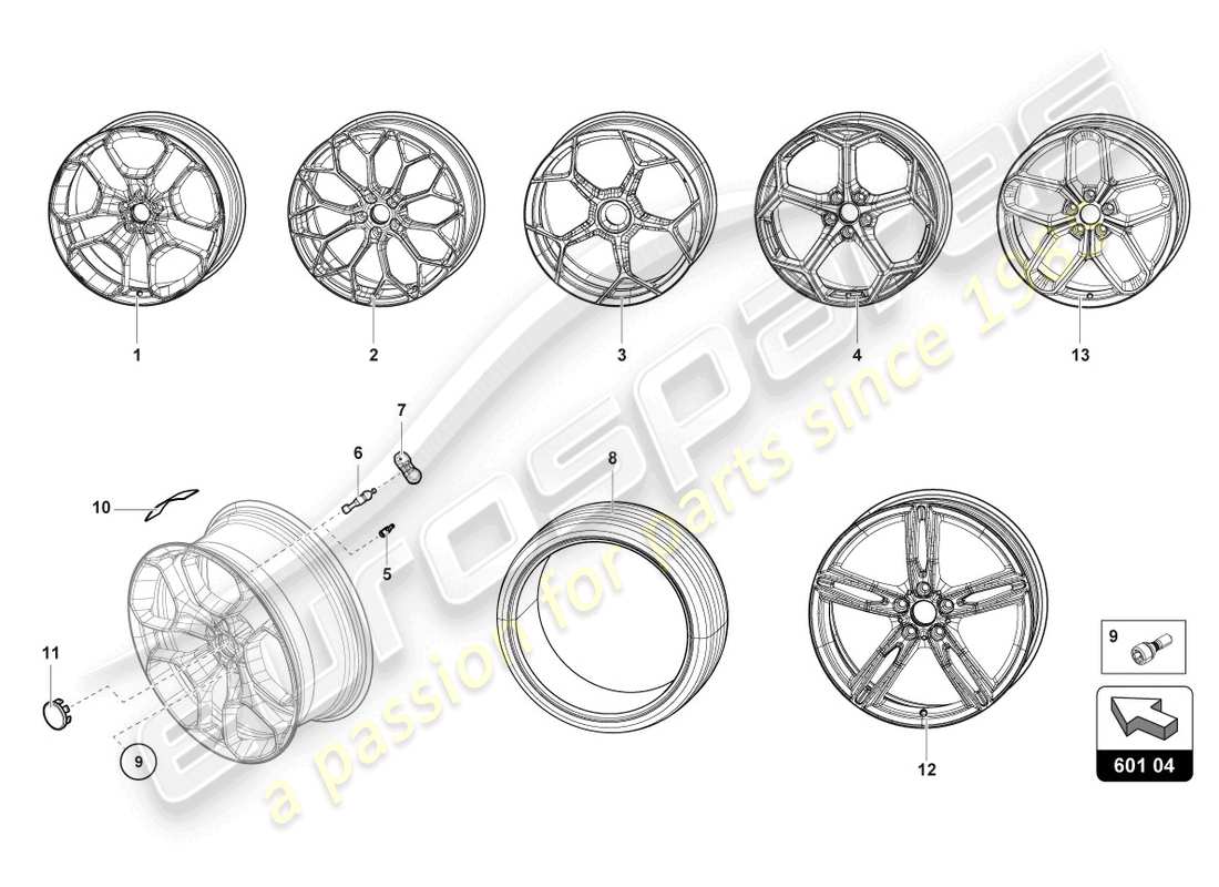 lamborghini evo coupe (2023) ruedas/neumáticos traseros diagrama de piezas