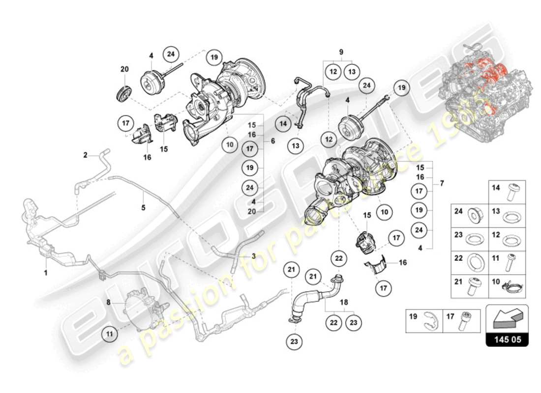 lamborghini urus (2020) diagrama de piezas del turbocompresor de gas de escape