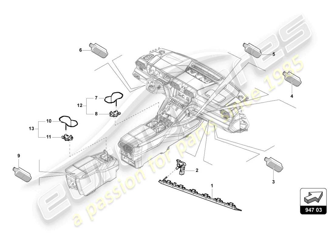 lamborghini urus (2021) iluminación para consola central diagrama de piezas