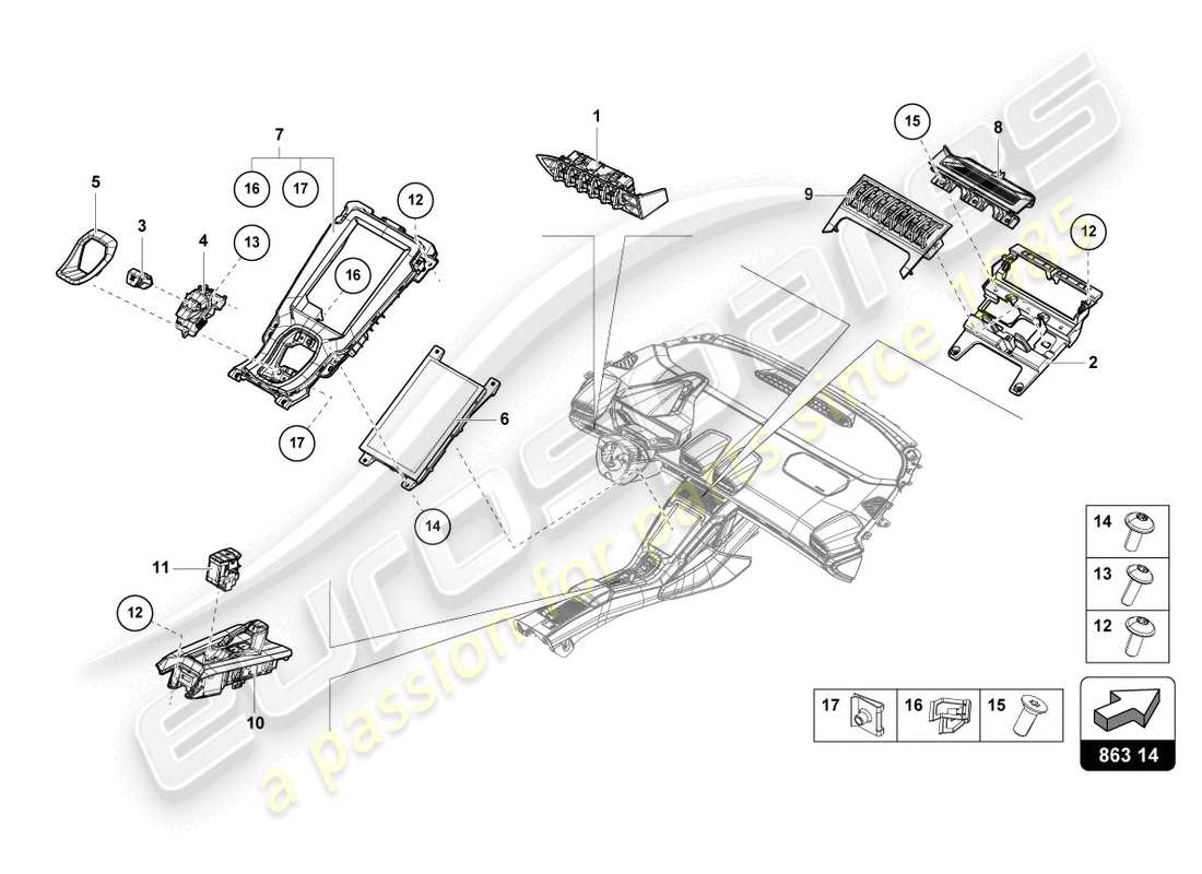 lamborghini tecnica (2024) consola central, parte superior diagrama de piezas