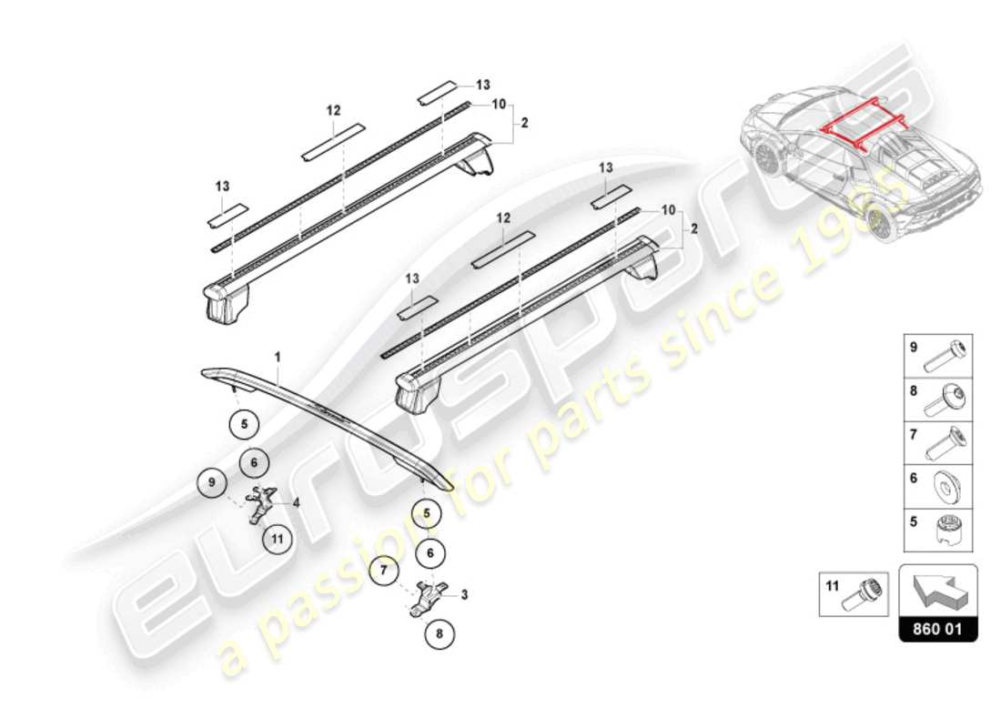 lamborghini 2024 (sterrato) diagrama de piezas del riel del techo