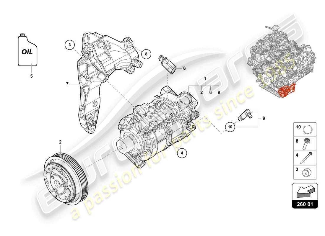 lamborghini urus s (2024) compresor de a/c con piezas individuales diagrama de piezas