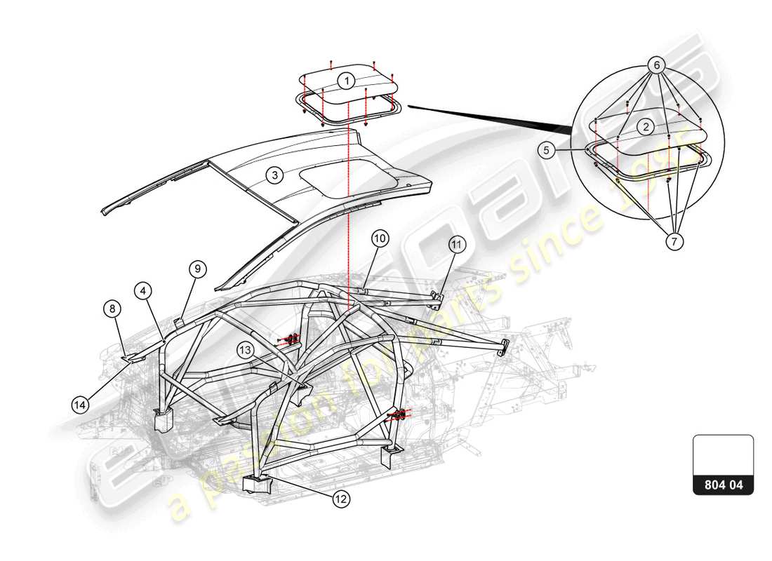 lamborghini super trofeo evo 2 (2022) diagrama de piezas de cabina y techo