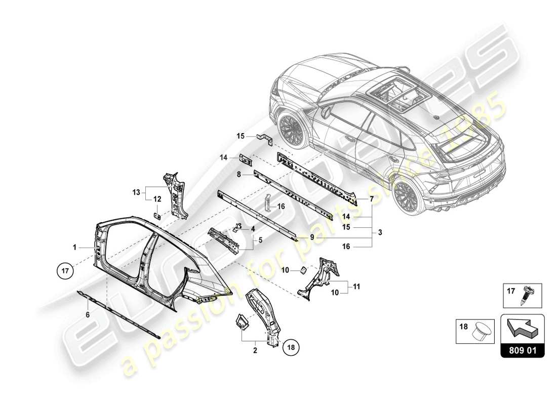 lamborghini urus performante (2024) cuerpo izquierdo diagrama de piezas