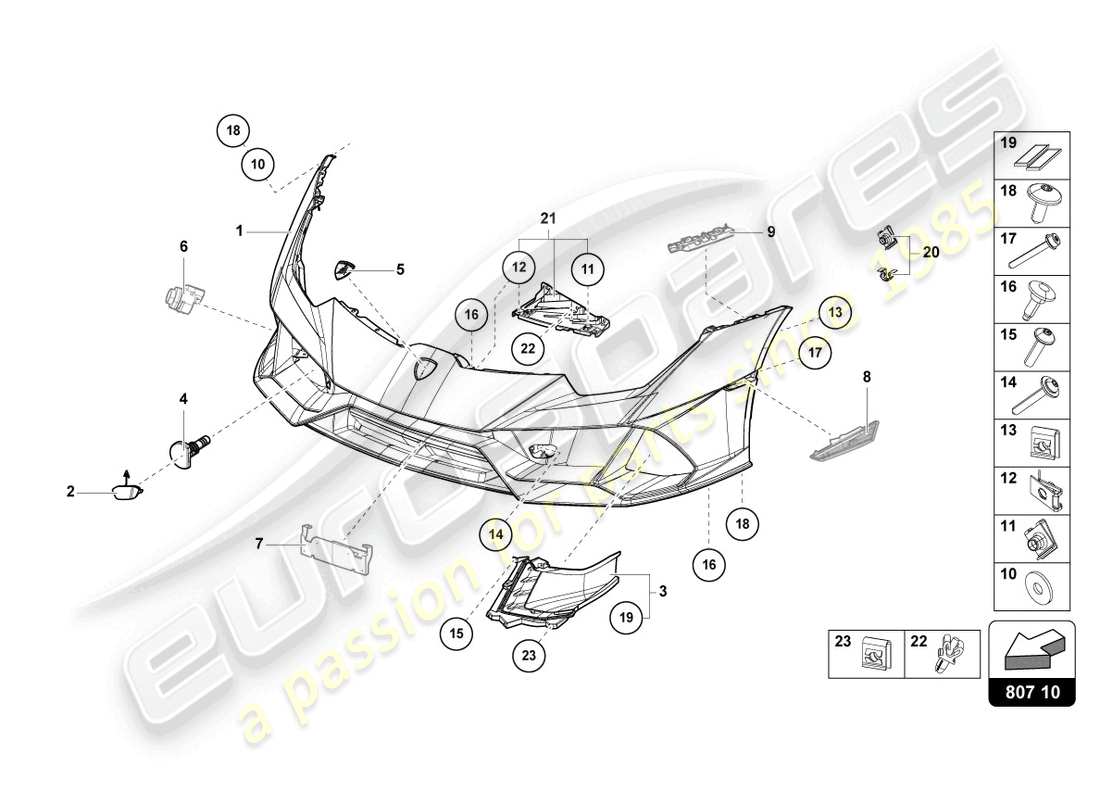 lamborghini evo coupe (2023) diagrama de pieza del parachoques delantero