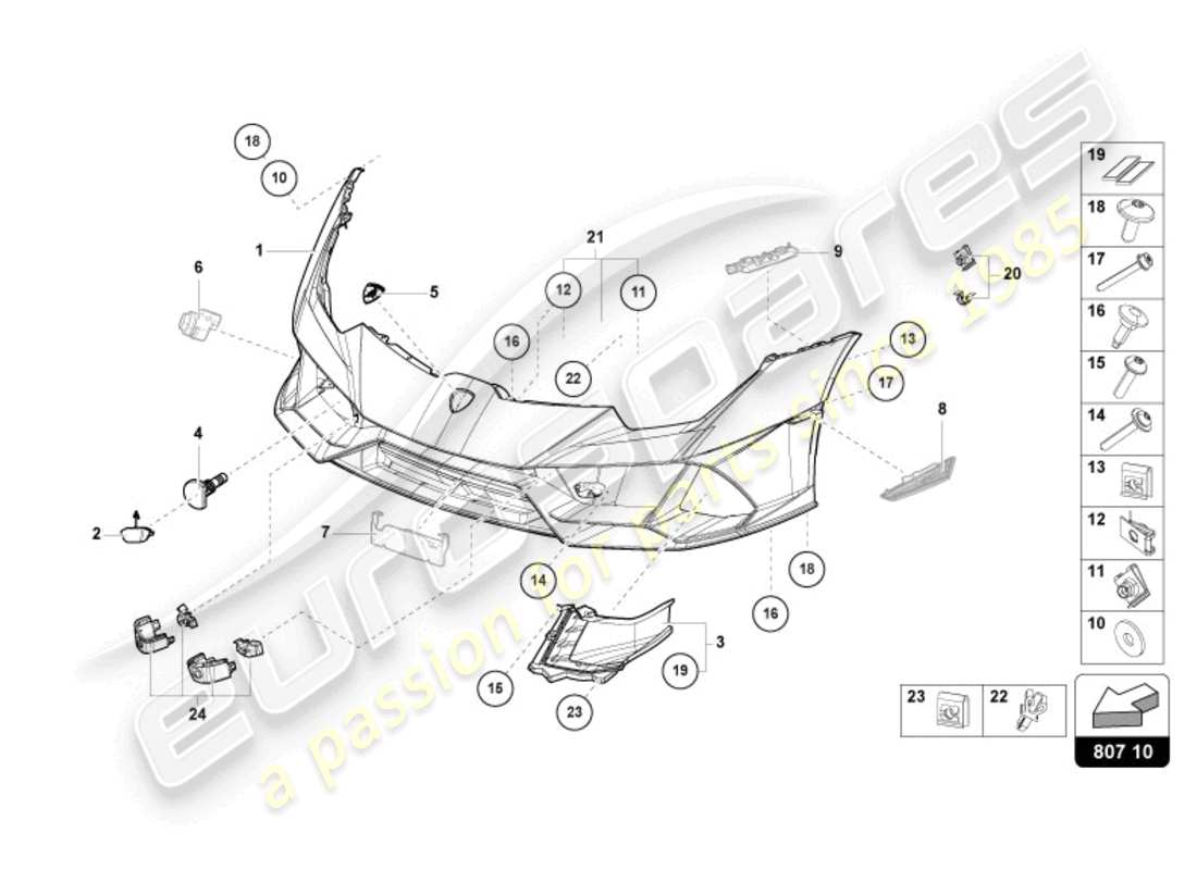 lamborghini evo coupe (2023) diagrama de pieza del parachoques delantero