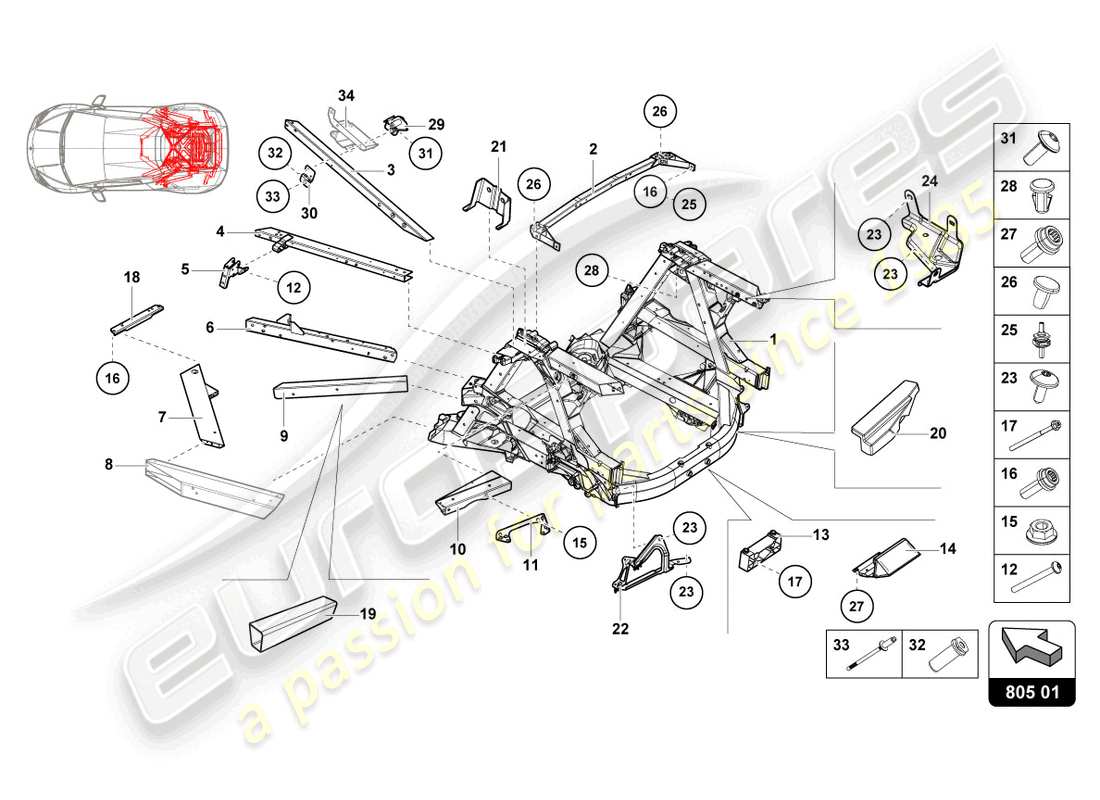 lamborghini evo spyder (2021) chasis trasero interior diagrama de piezas
