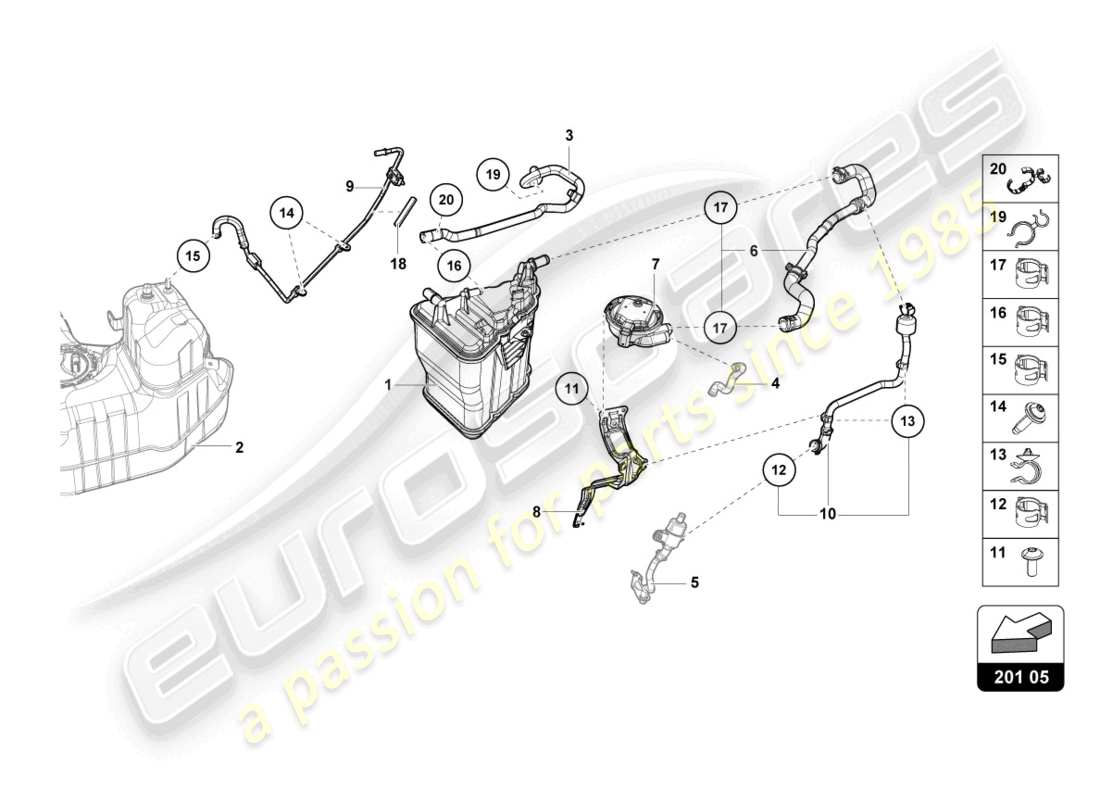 lamborghini tecnica (2023) diagrama de piezas del recipiente de carbón activado