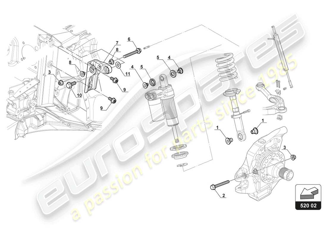 lamborghini gt3 evo (2018) esquema pieza fijación amortiguador delantero