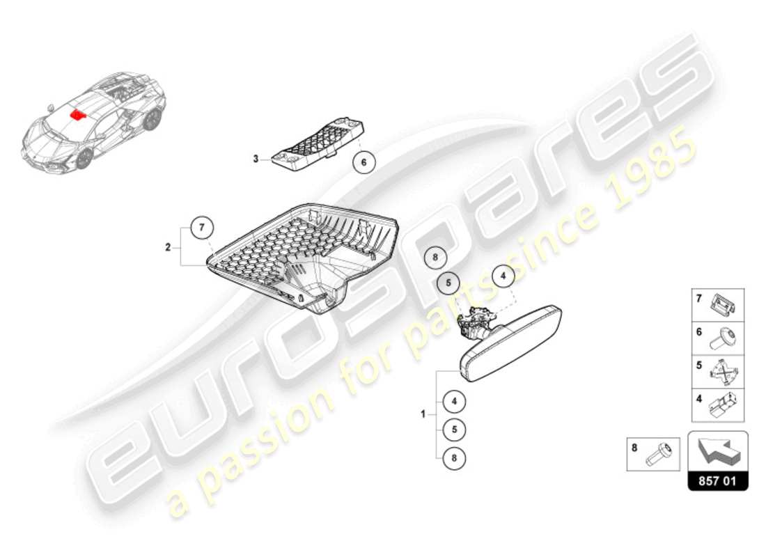 lamborghini revuelto coupe (2024) espejo interior diagrama de piezas