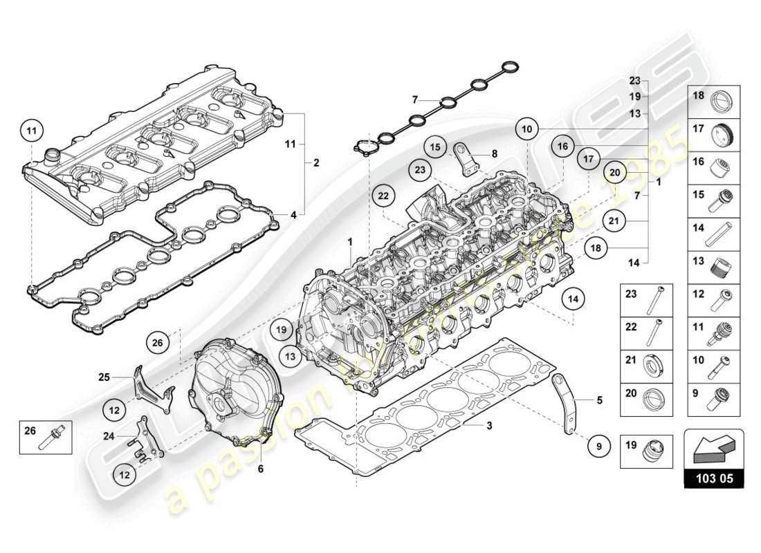 lamborghini evo coupe (2023) esquema de piezas culata completa derecha