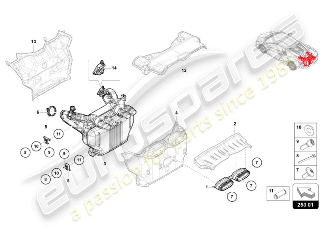 lamborghini revuelto coupe (2024) silenciador trasero con tubo de cola doble esquema de piezas
