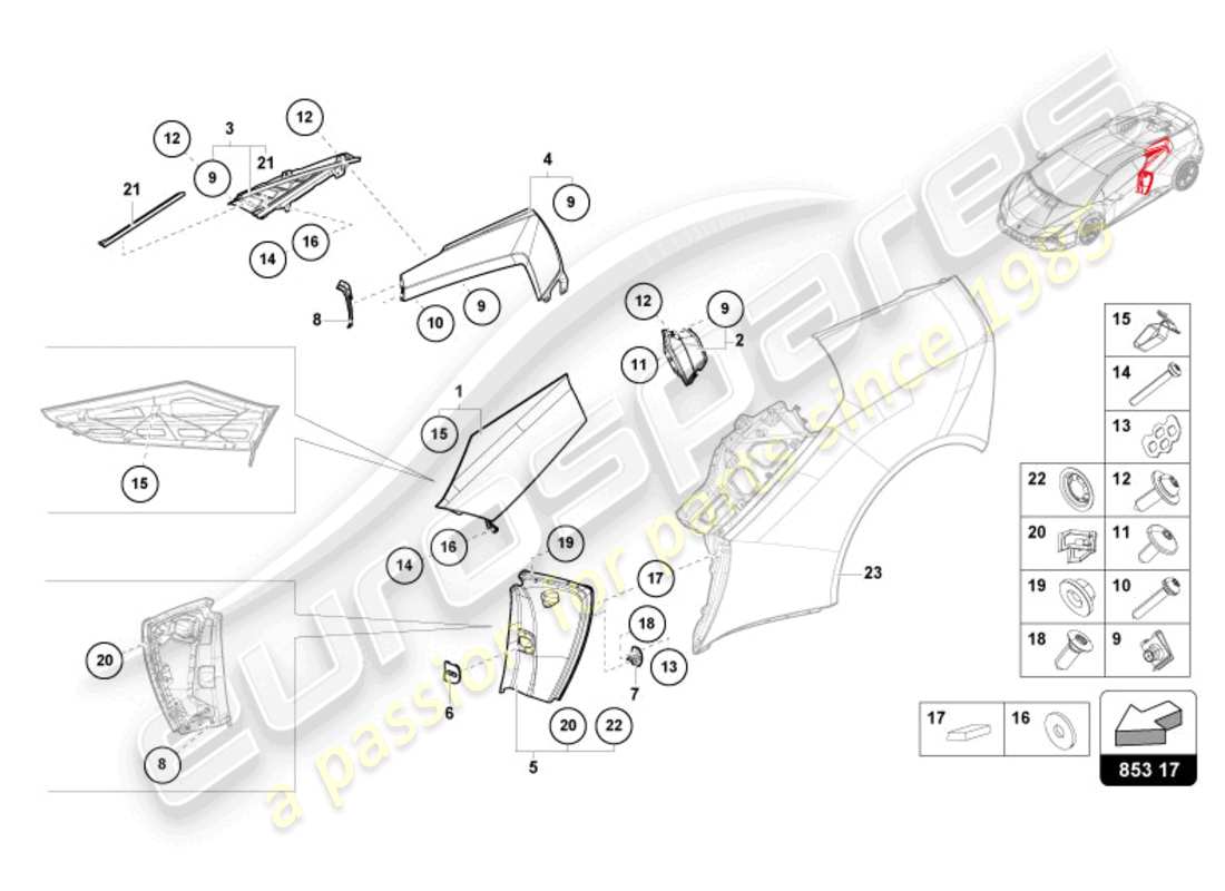 lamborghini tecnica (2024) diagrama de piezas del panel de cubierta