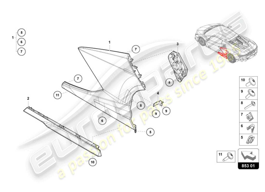 lamborghini revuelto coupe (2024) lateral externo inferior para alojamiento de rueda diagrama de piezas