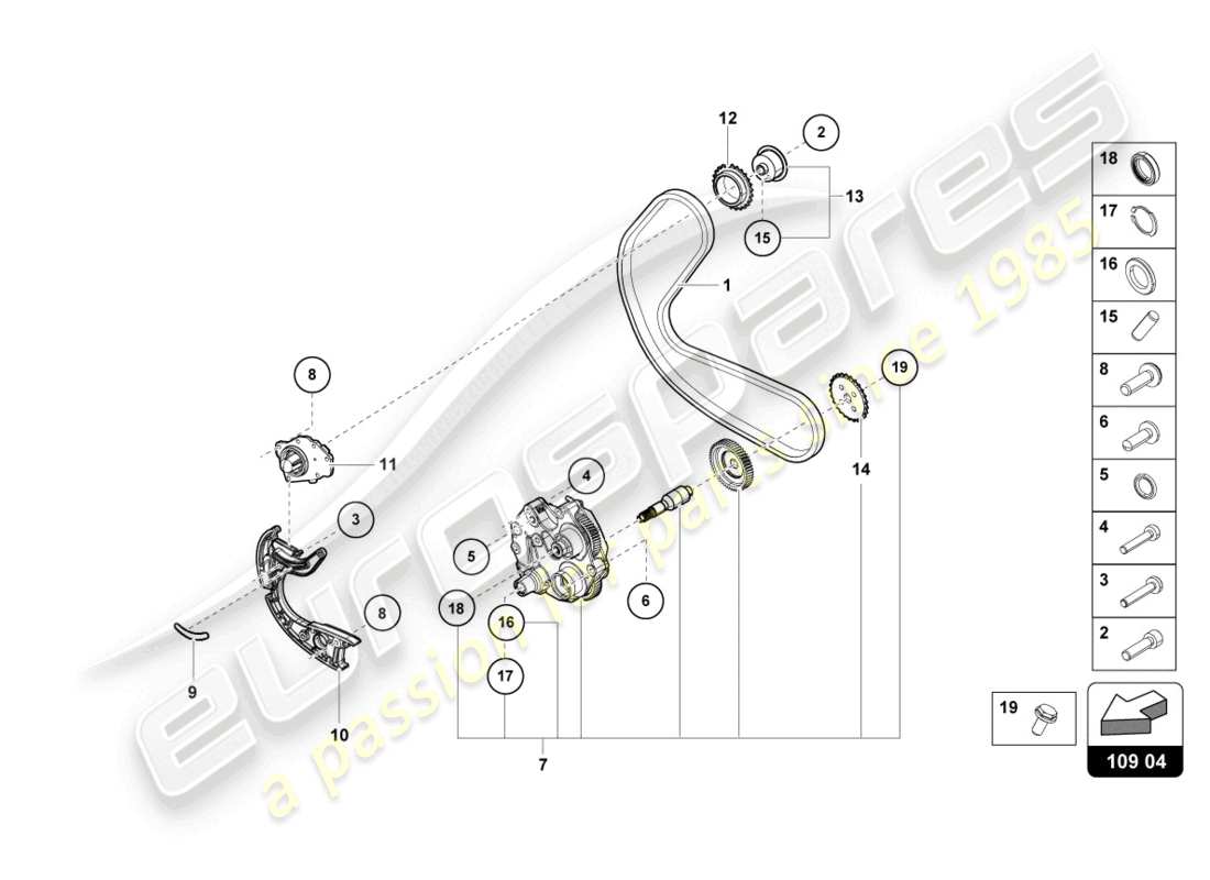 lamborghini evo coupe (2023) diagrama de piezas de la cadena de distribución