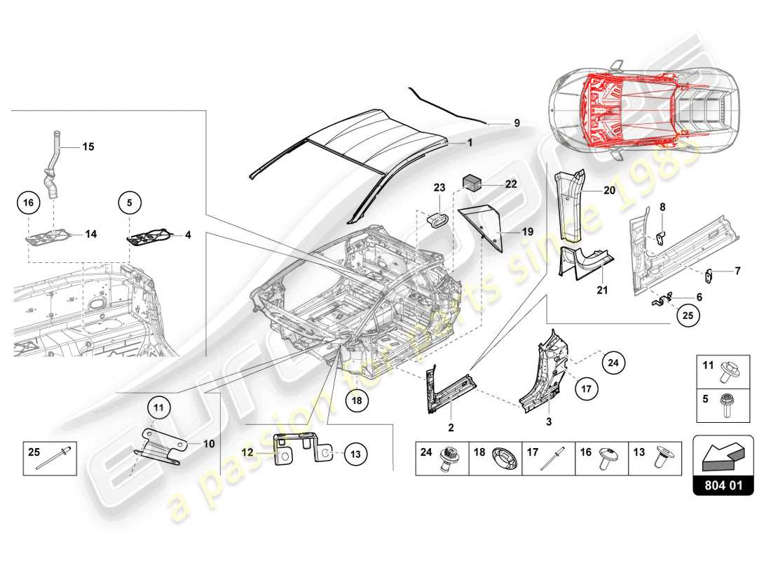 lamborghini evo coupe (2023) diagrama de piezas del techo