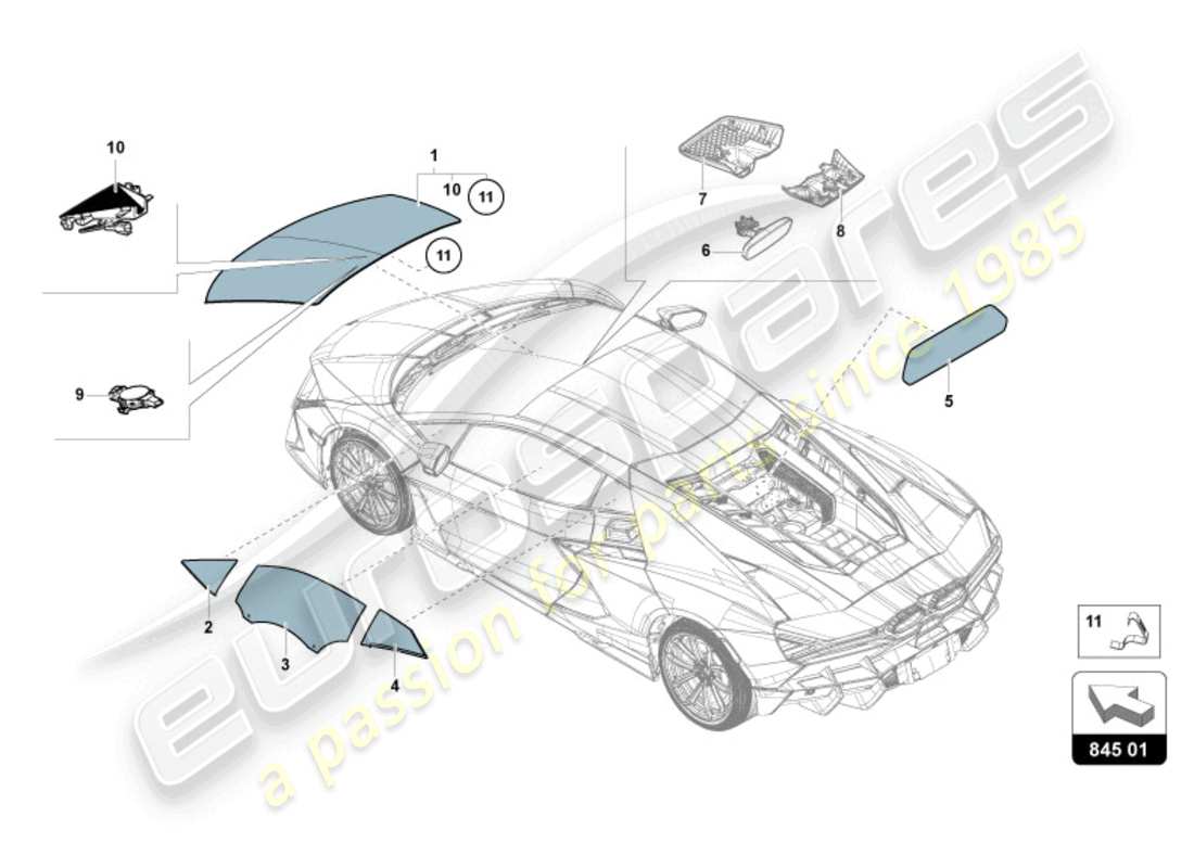 lamborghini revuelto coupe (2024) diagrama de piezas de vidrios para ventanas