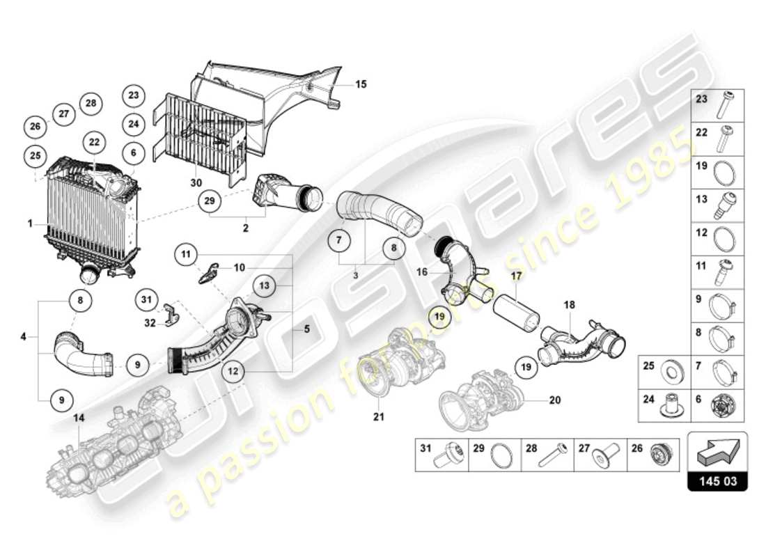 lamborghini urus (2020) diagrama de piezas del enfriador de aire de carga izquierdo