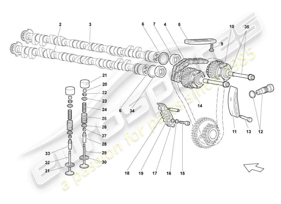 lamborghini lp640 roadster (2010) árbol de levas, válvulas derecha diagrama de piezas