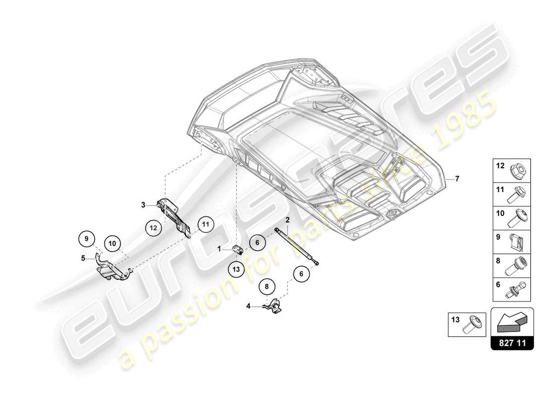 lamborghini 2024 (tecnica) cubierta del motor con insp. diagrama de piezas de la cubierta