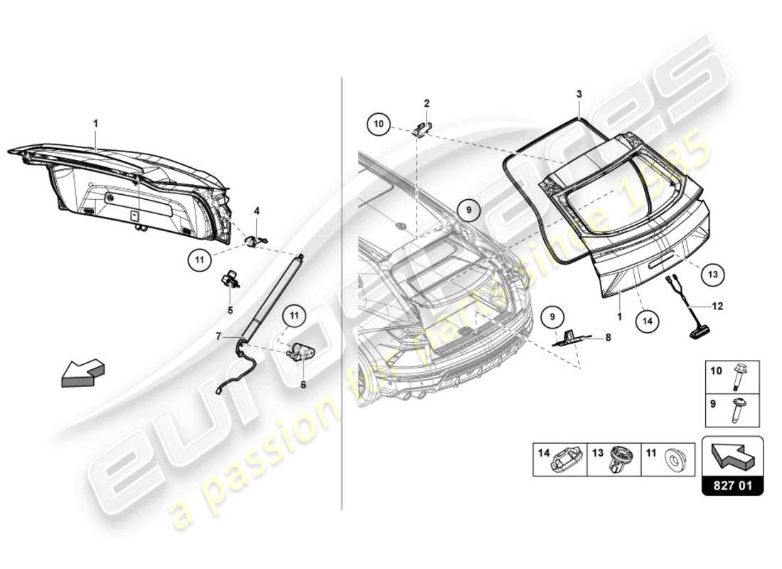 lamborghini urus (2021) tapa trasera trasera diagrama de piezas