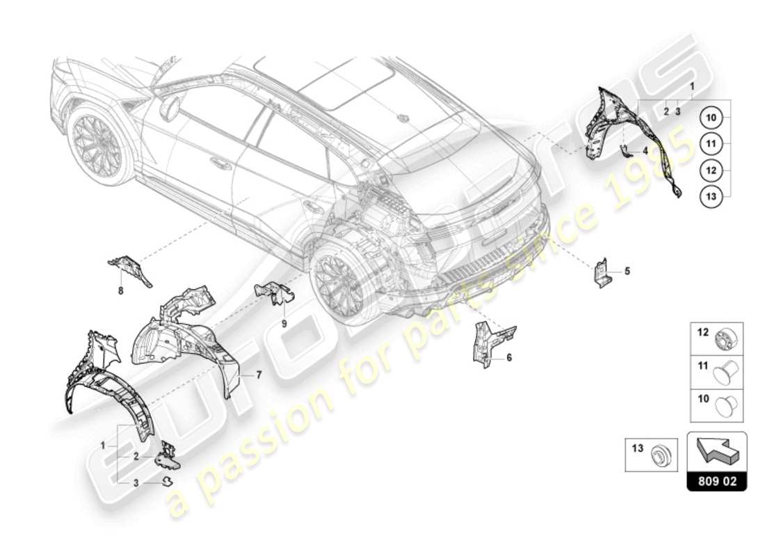 lamborghini urus (2019) protector de ala trasero diagrama de piezas