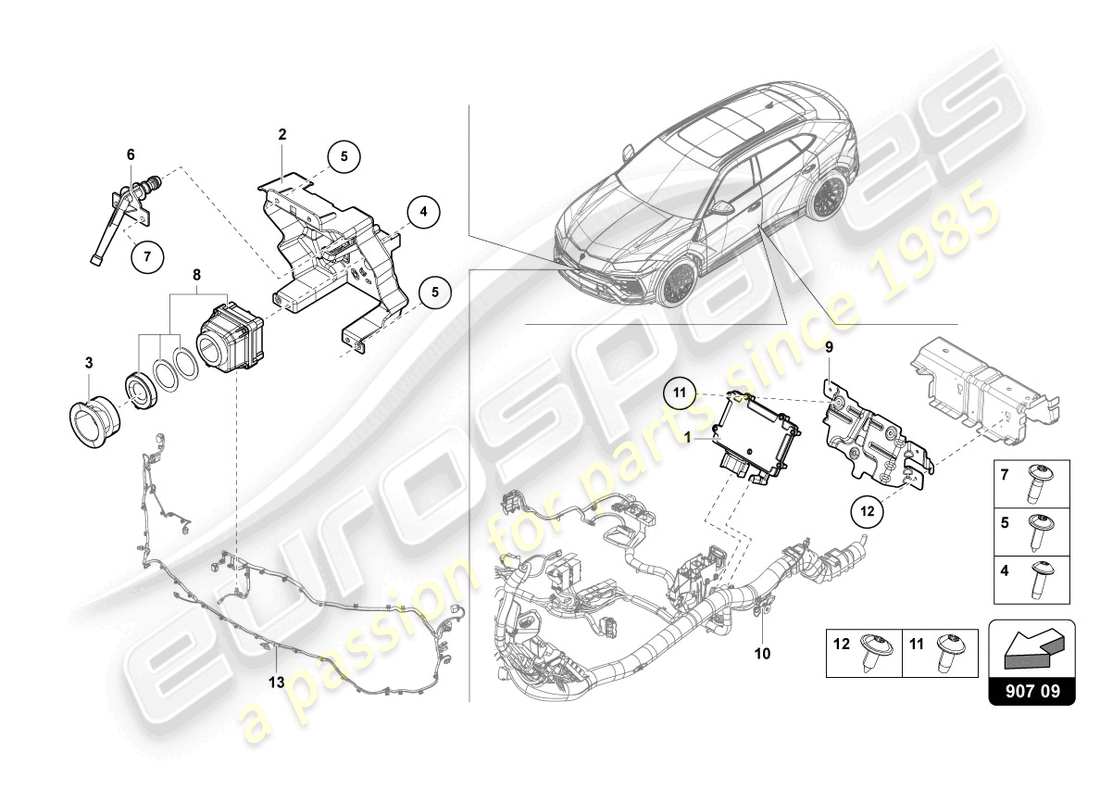 lamborghini urus (2021) cámara para sistema de visión nocturna diagrama de piezas