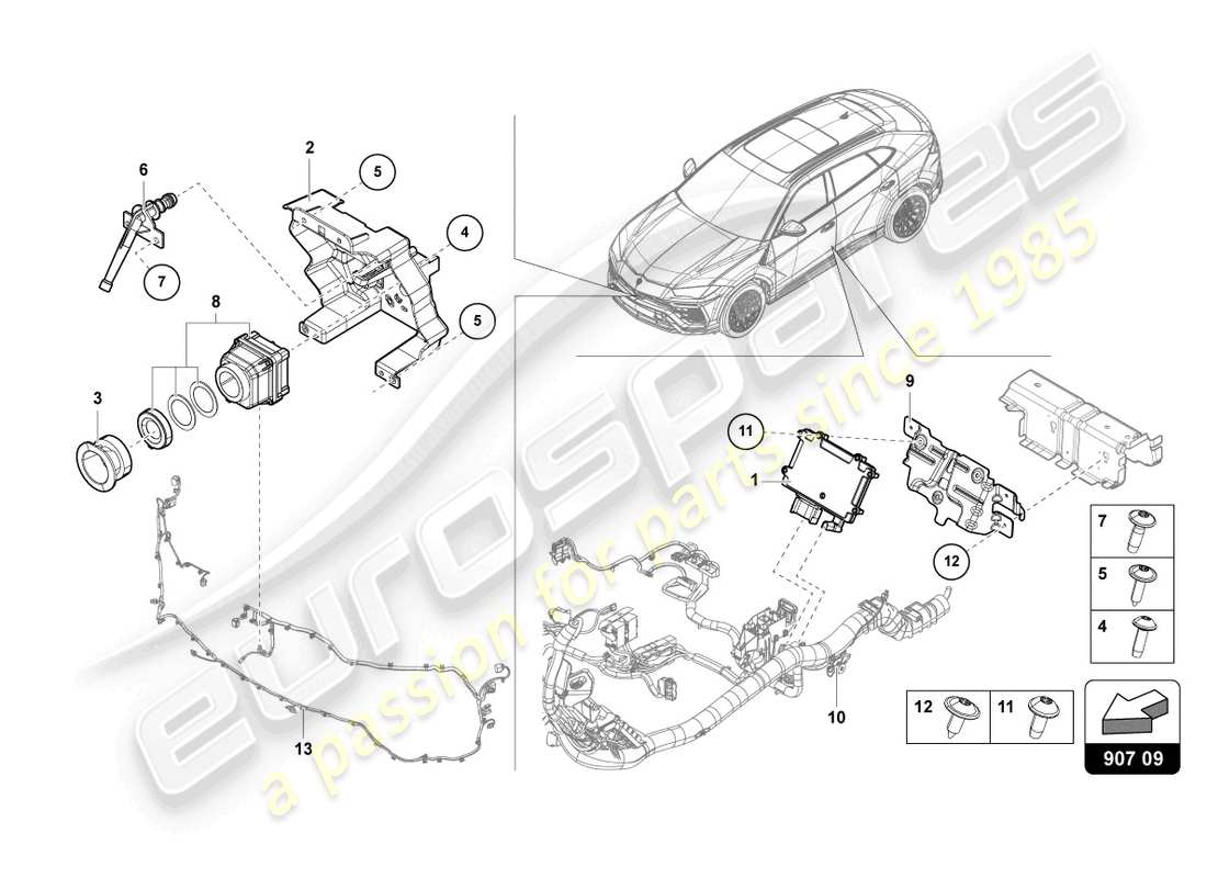 lamborghini urus (2019) cámara para sistema de visión nocturna diagrama de piezas