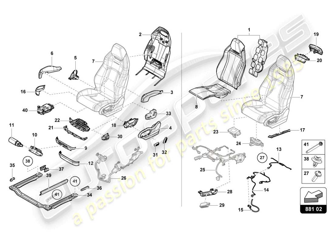 lamborghini urus (2021) asiento delantero dividido diagrama de piezas