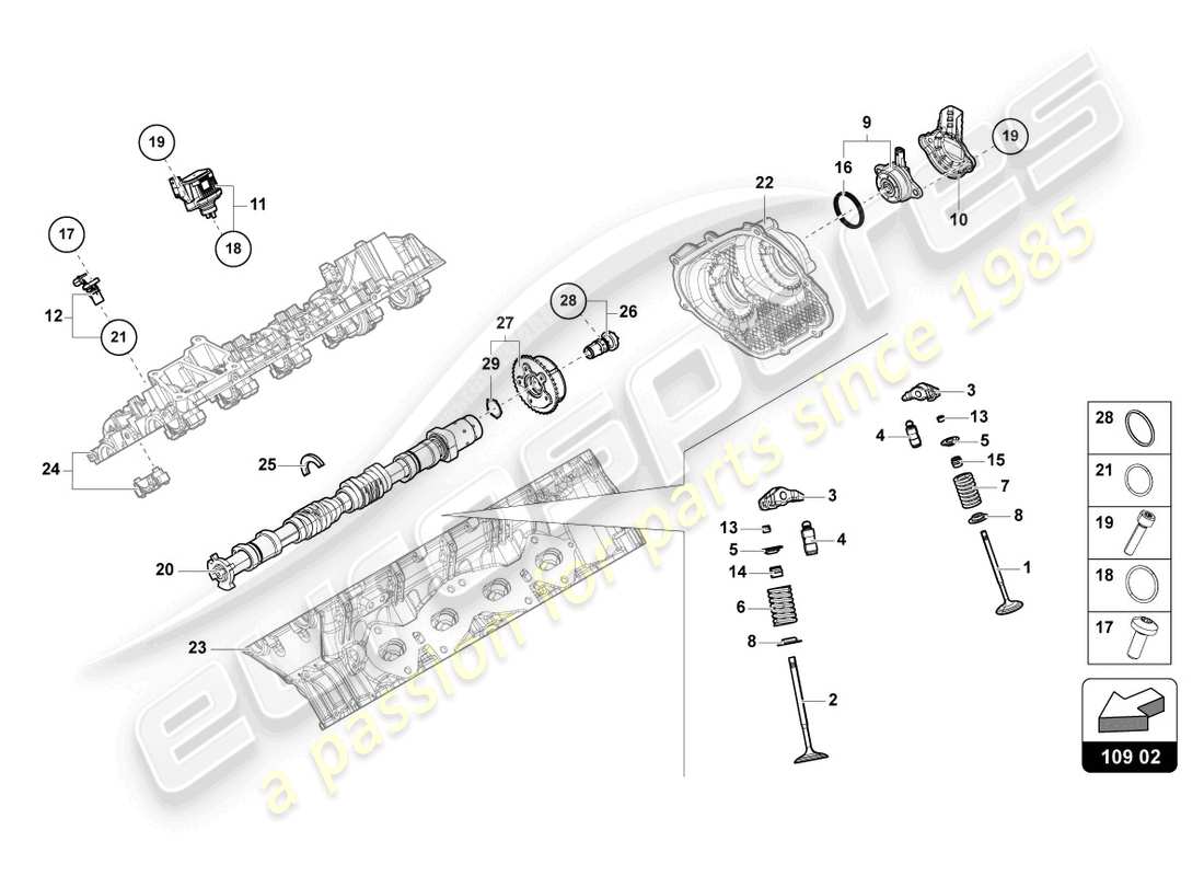 lamborghini urus (2020) árbol de levas, válvulas diagrama de piezas