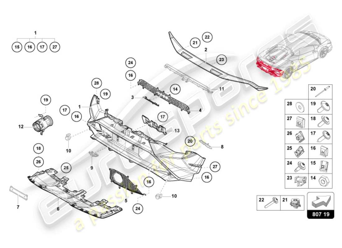 lamborghini 2024 (tecnica) diagrama de pieza del parachoques trasero