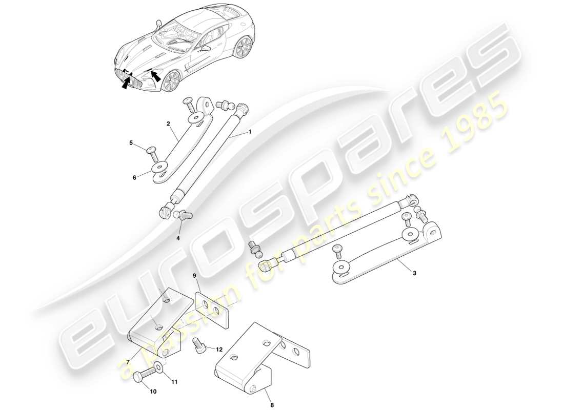 aston martin one-77 (2011) sistema de bisagras del capó diagrama de piezas