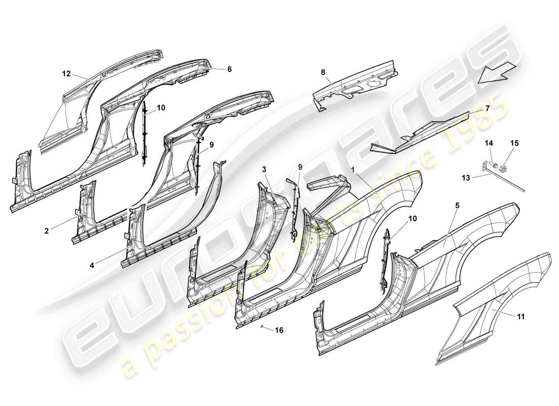 lamborghini gallardo spyder (2006) diagrama de piezas del marco de la puerta