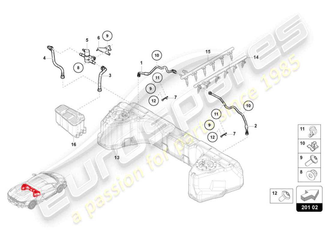 lamborghini revuelto coupe (2024) sistema de suministro de combustible diagrama de piezas