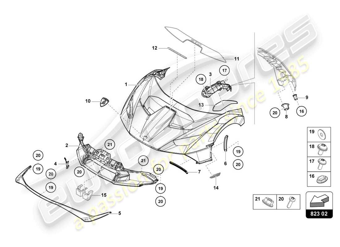 lamborghini sto (2022) capó delantero diagrama de piezas