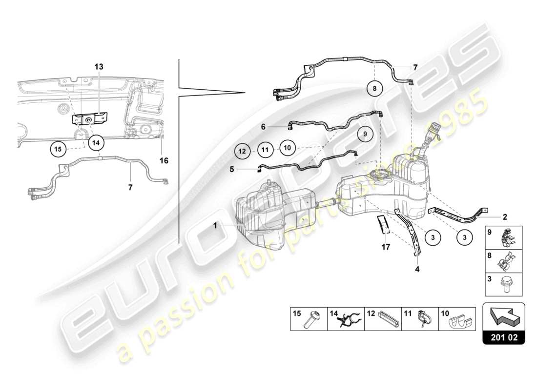 lamborghini evo coupe 2wd (2021) para sujetadores de la línea de combustible y del tanque de combustible diagrama de piezas