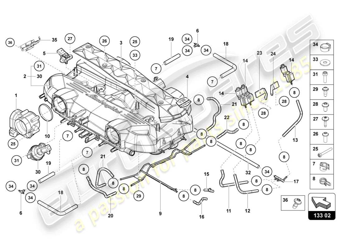 lamborghini ultimae (2022) colector de admisión diagrama de piezas